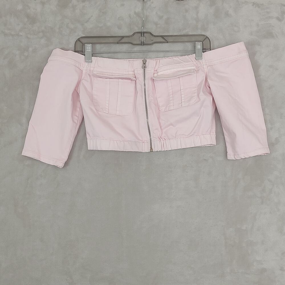 Women's Pink Off-The-Shoulder Zip-up Crop Top Size Medium by V.I.P. Front Zipper